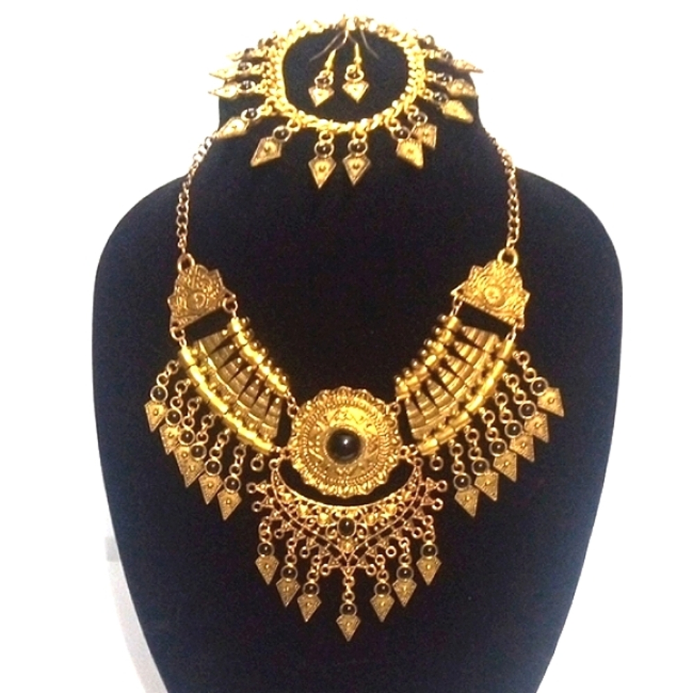 ELEGANT ARTISAN GOLDTONE BLACK BEADED 3-PC NECKLACE BRACELET  EARRINGS SET NWOT